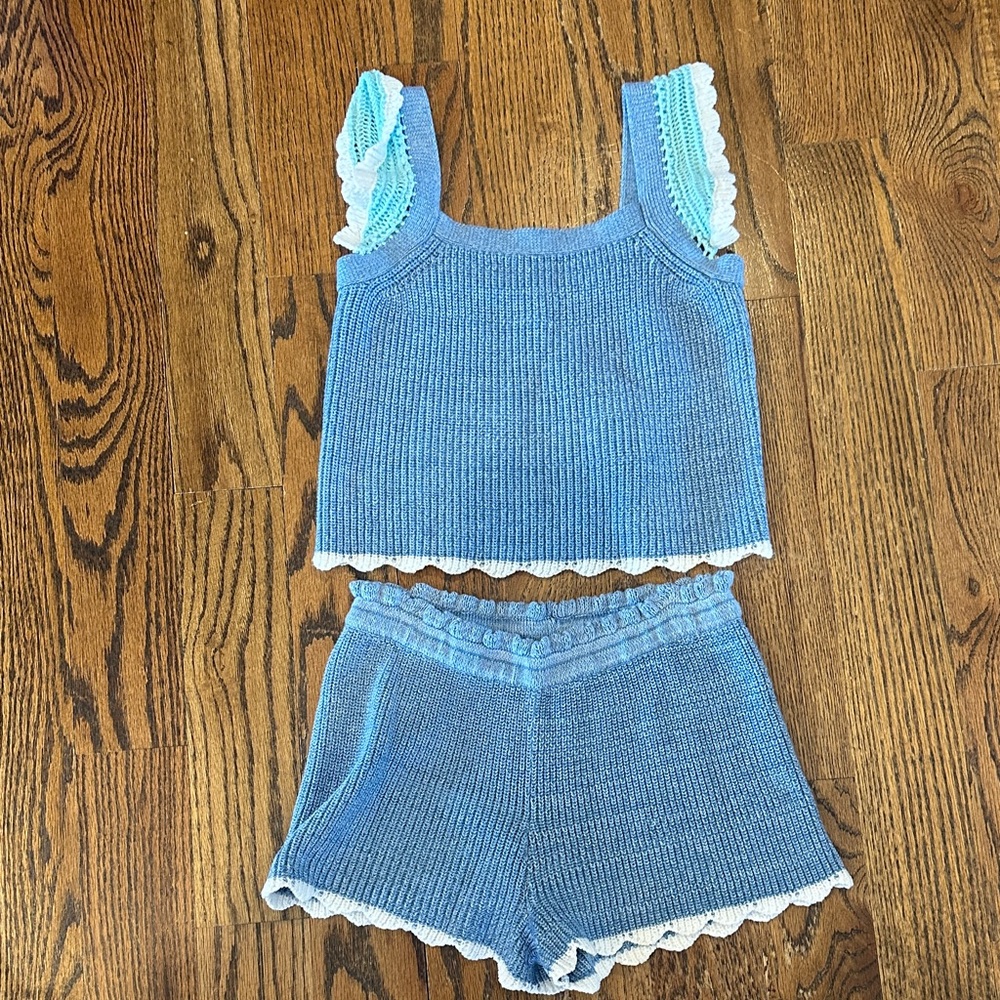 Design History Girls M Blue Knit Tank and Shorts Set with White Trim
